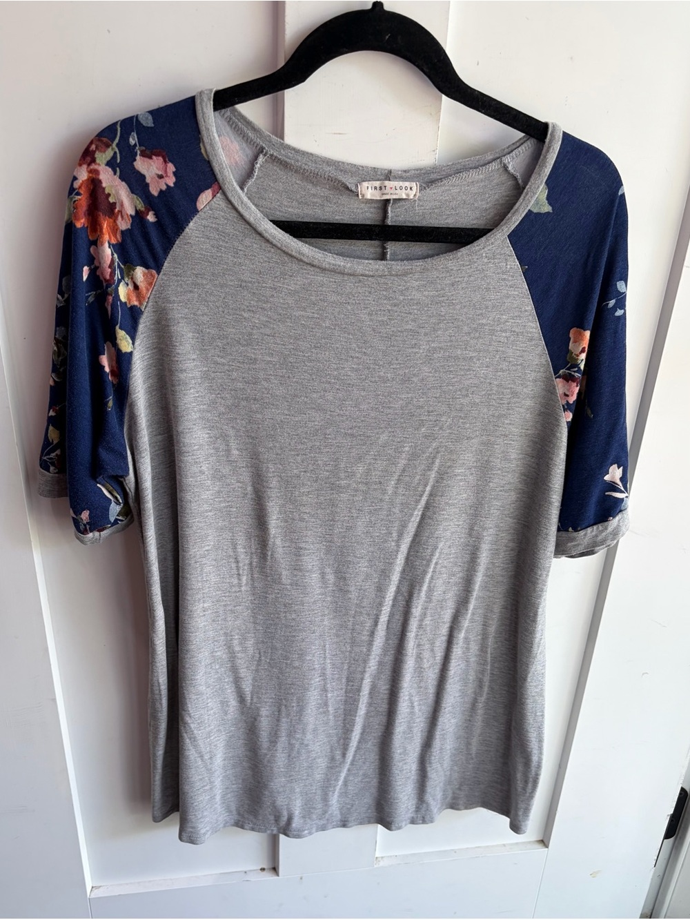 First Look Heather Grat Tee with Navy Floral Sleeves